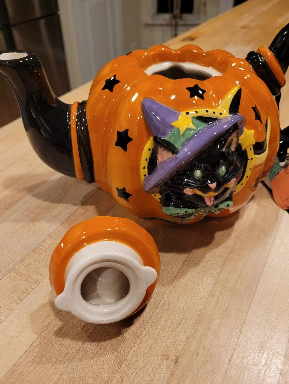 Blue Sky Clayworks Halloween Pumpkin Cat Teapot - Orange & Black